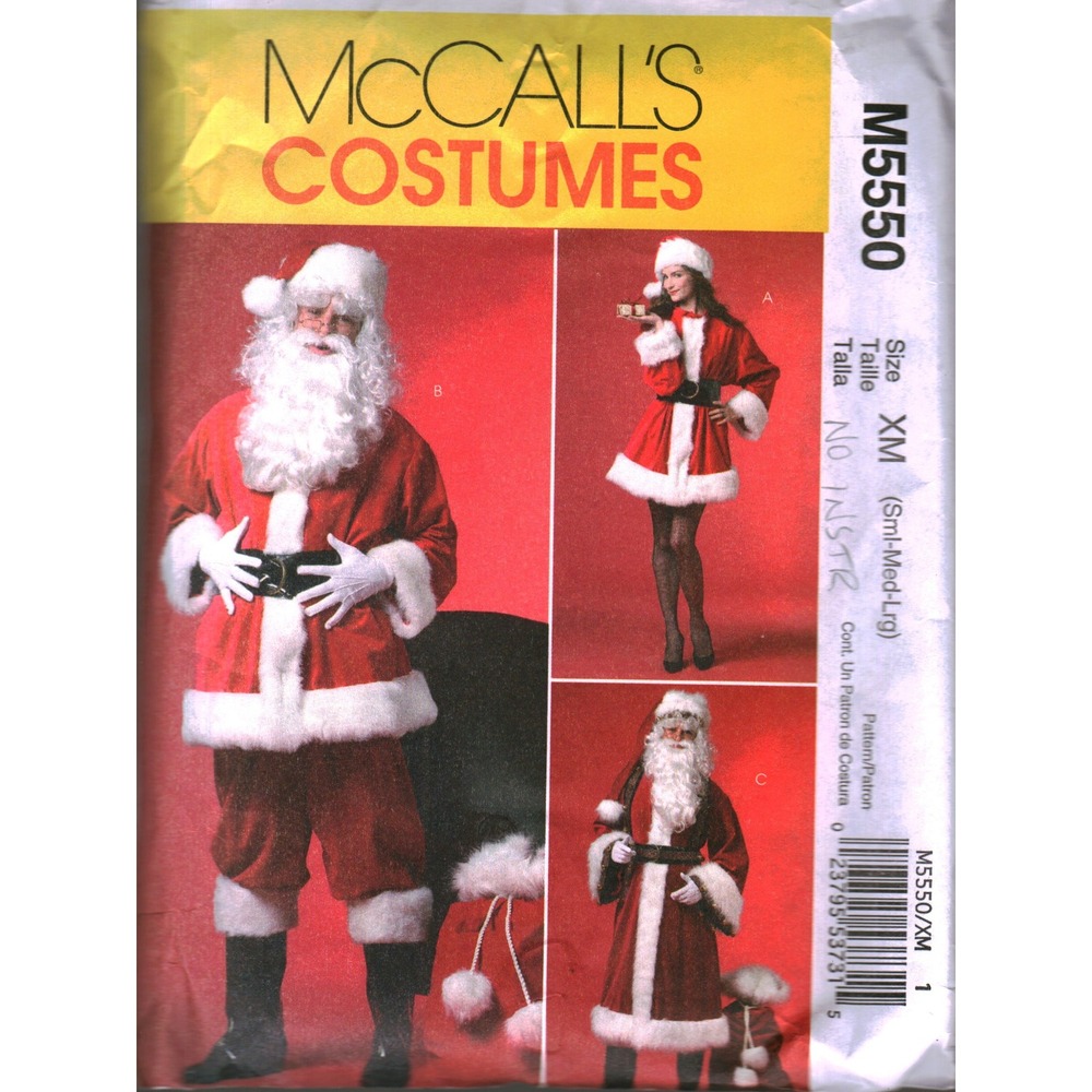 McCall's M5550 Santa Claus Mrs Claus Costume Sewing Pattern Size XM S M‎ L